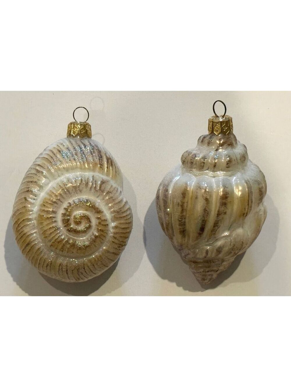 Vintage Poland Glass Seashell Christmas Ornaments Conch Spiral Shell Set 2